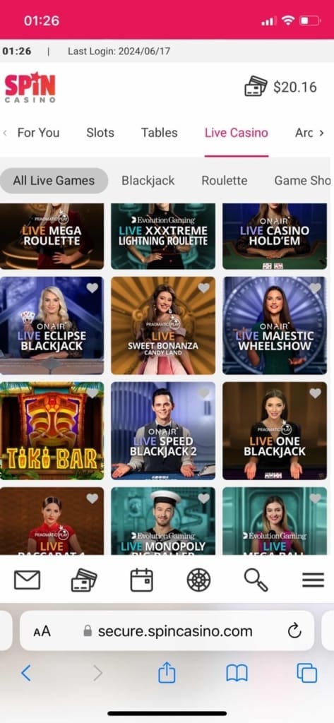 Spin Casino Screen