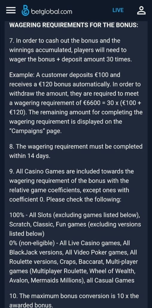 BetGlobal Casino screen