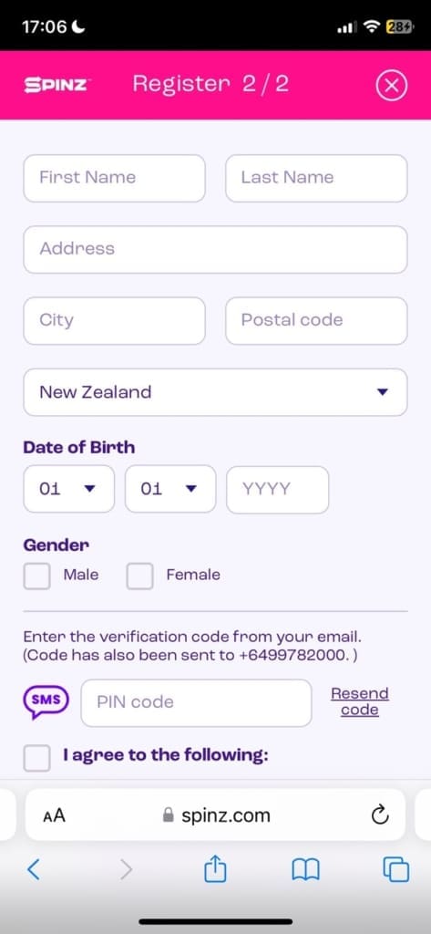 spinz casino register