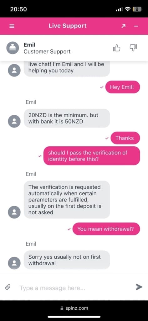 spinz casino support