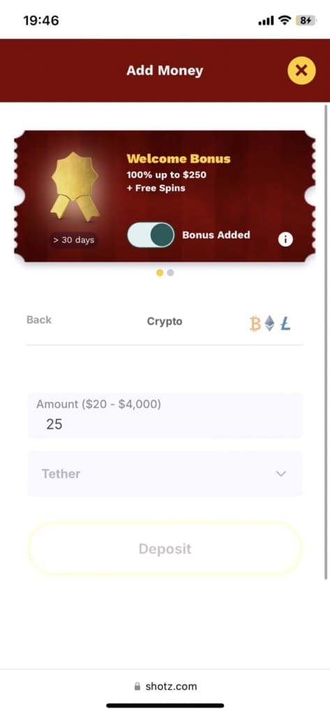 Shotz Casino Bonus