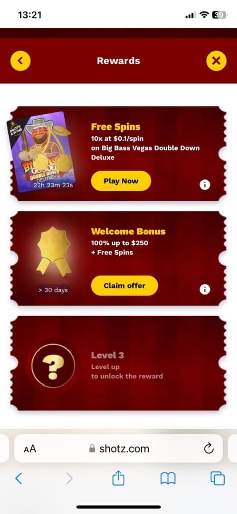 Shotz Casino rewards