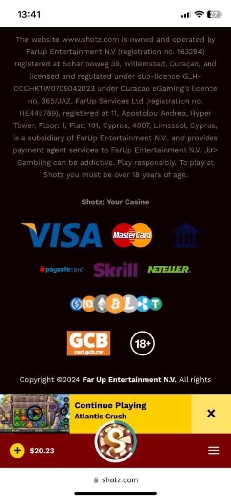 Shotz Casino payment