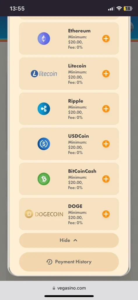 Vegasino Casino deposit