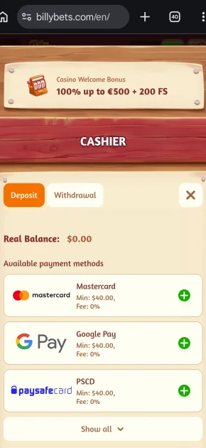 billybets casino payment