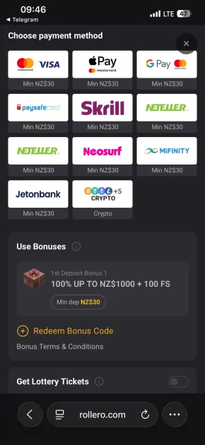 rollero casino payment