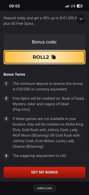 rollero casino bonus code