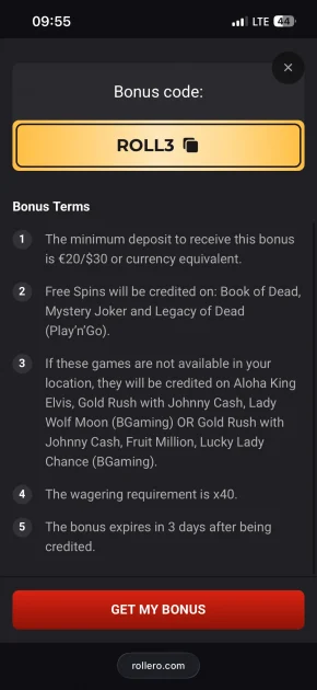 rollero casino bonus code