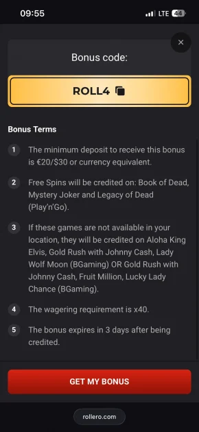 rollero casino bonus code