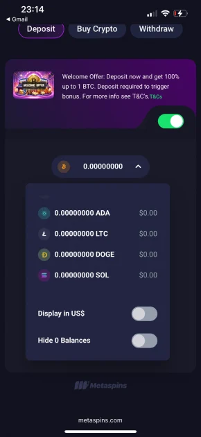 MetaSpins Casino deposit