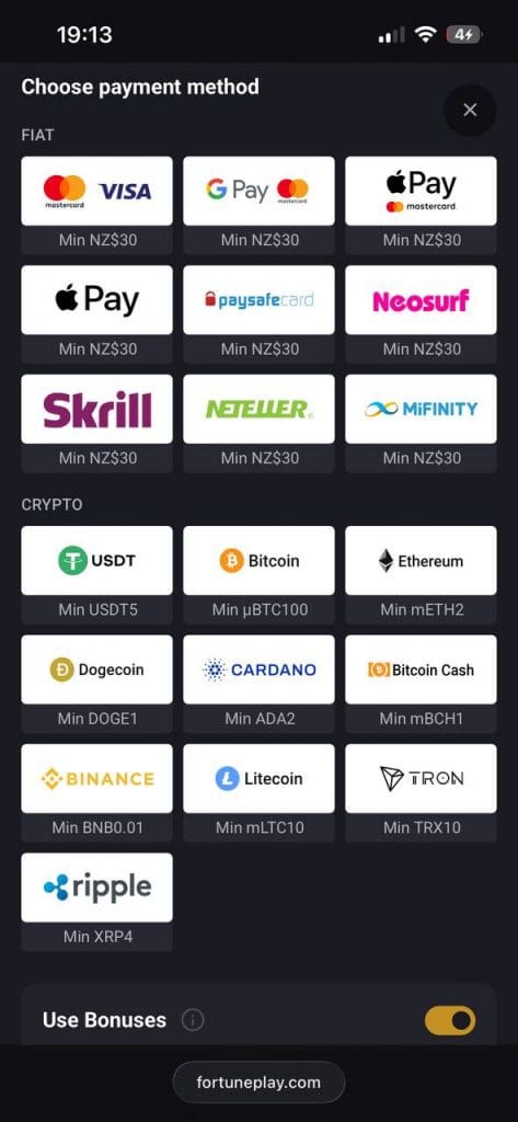 payment methods fortune play