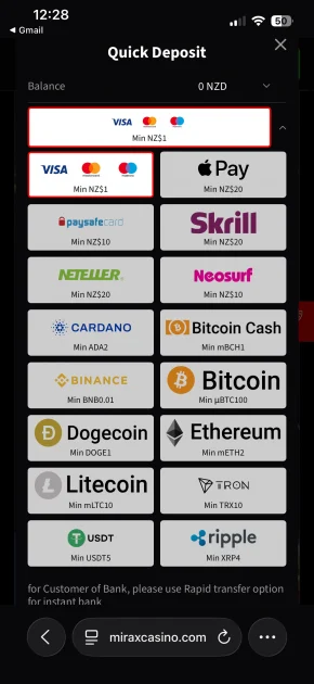 mirax casino payment